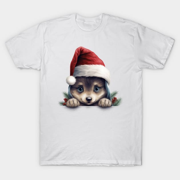 Christmas Peeking Baby Wolf T-Shirt by Chromatic Fusion Studio